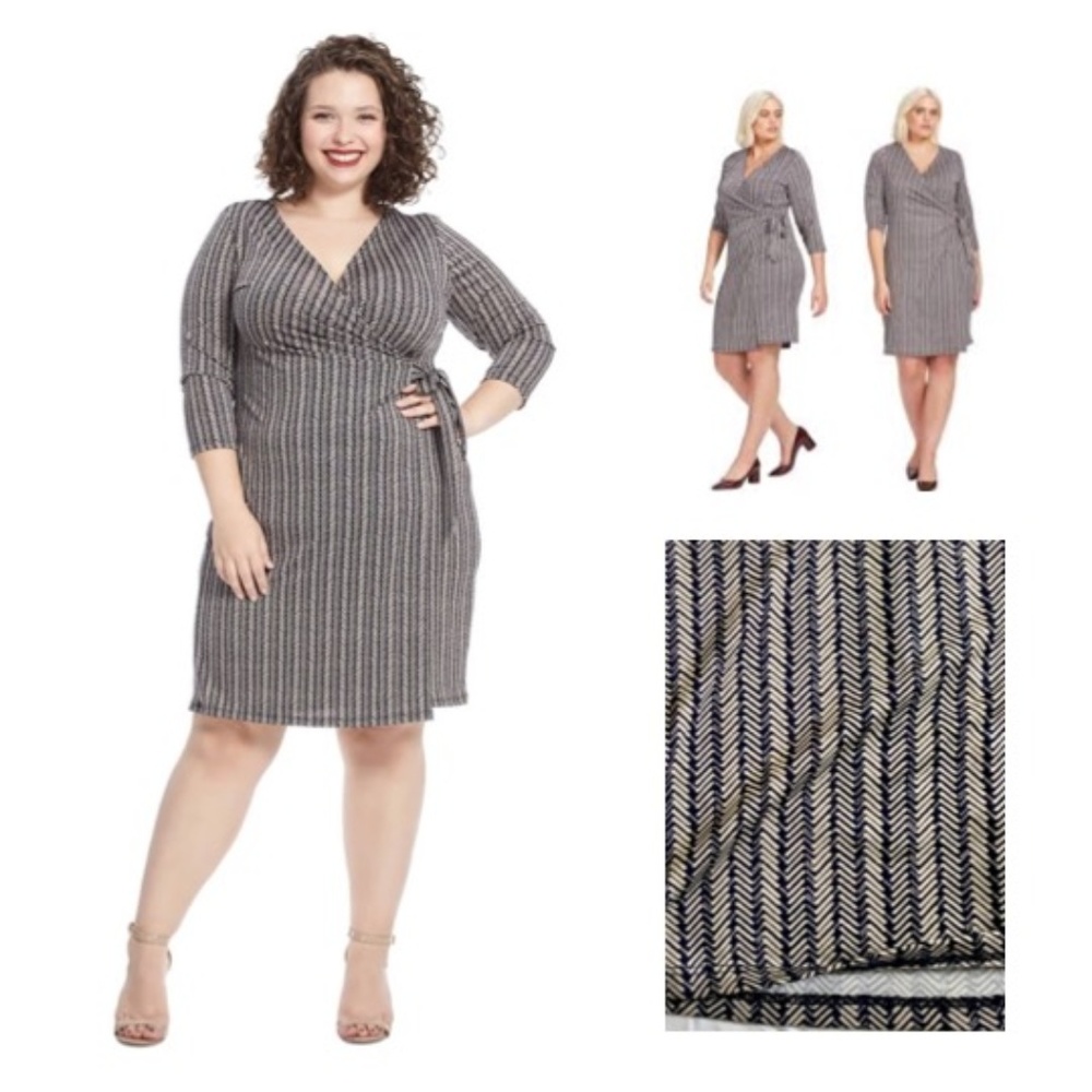 Faux Wrap Dress with Navy and Taupe Chevron Patter
